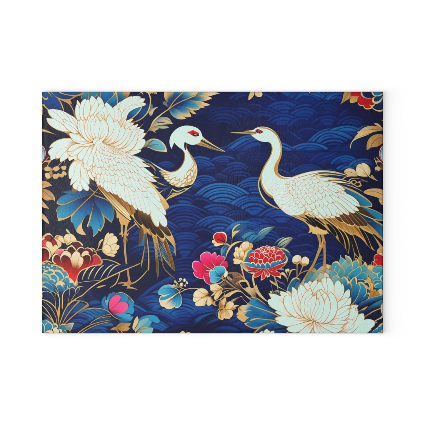 Glass Cutting Board - Elegant Japanese Crane & Peony Floral Pattern