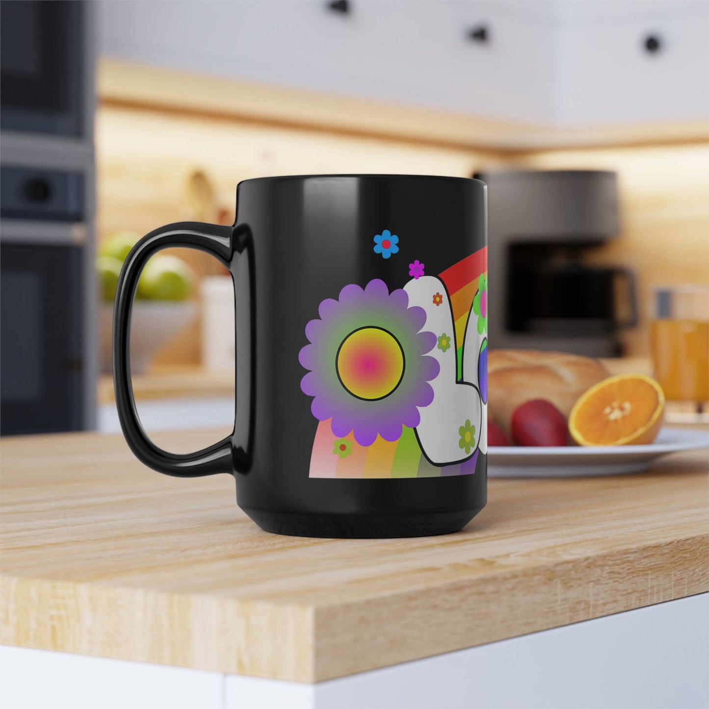 Love Rainbow 70s Flower Power Black 15oz Mug