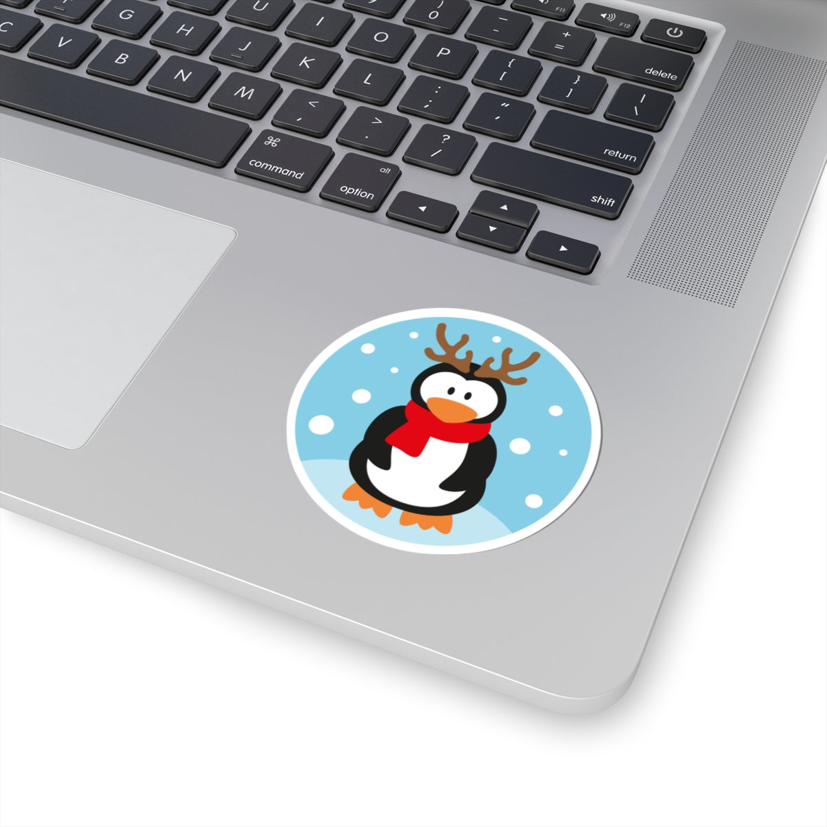 Penguin with Antlers Kiss-Cut Sticker — Cute Holiday Penguin Sticker (Red Scarf, Snowflakes)