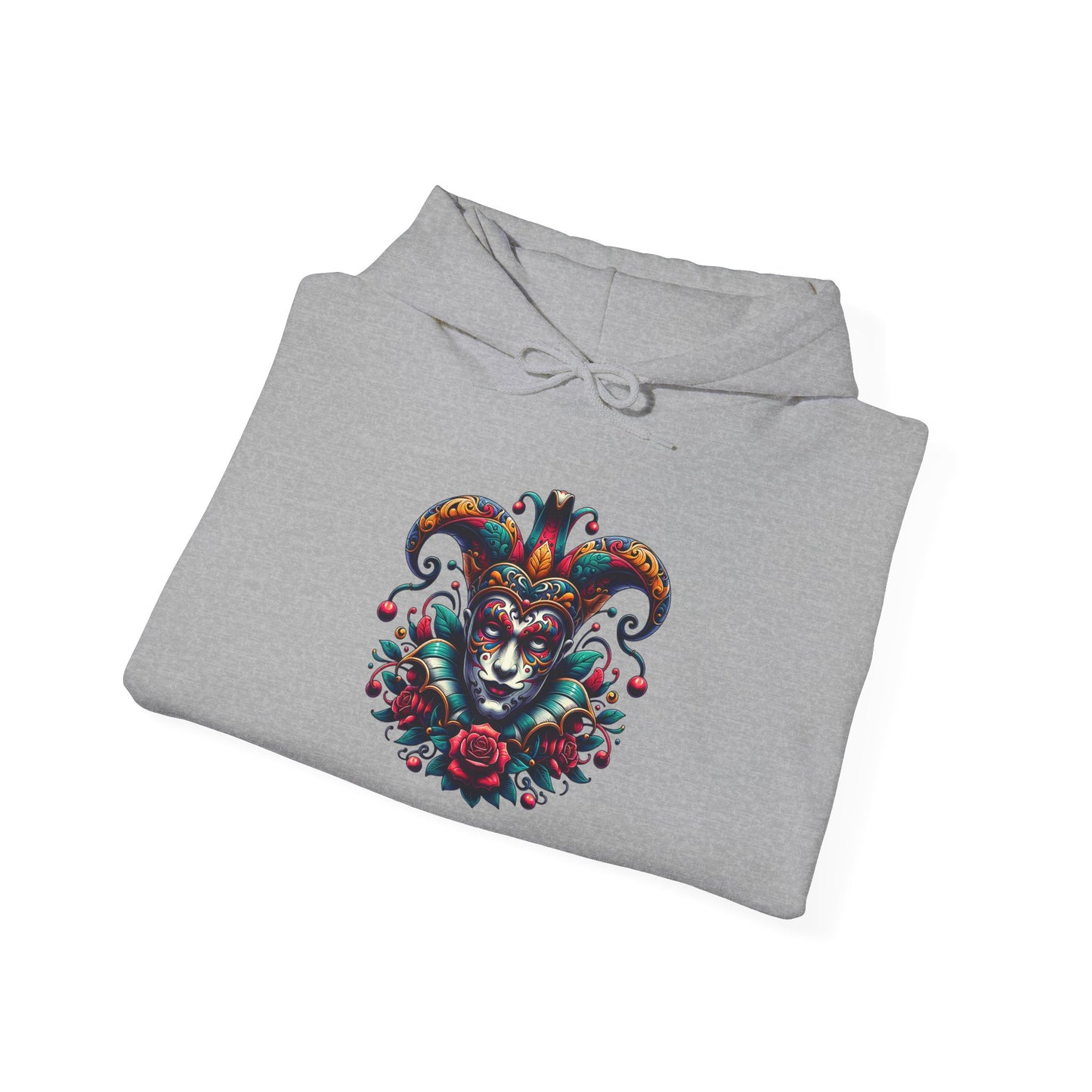Colorful Jester Hoodie, Unique Graphic Sweatshirt, Cozy Unisex Apparel, Perfect for Festivals and Celebrations, Great Gift Idea