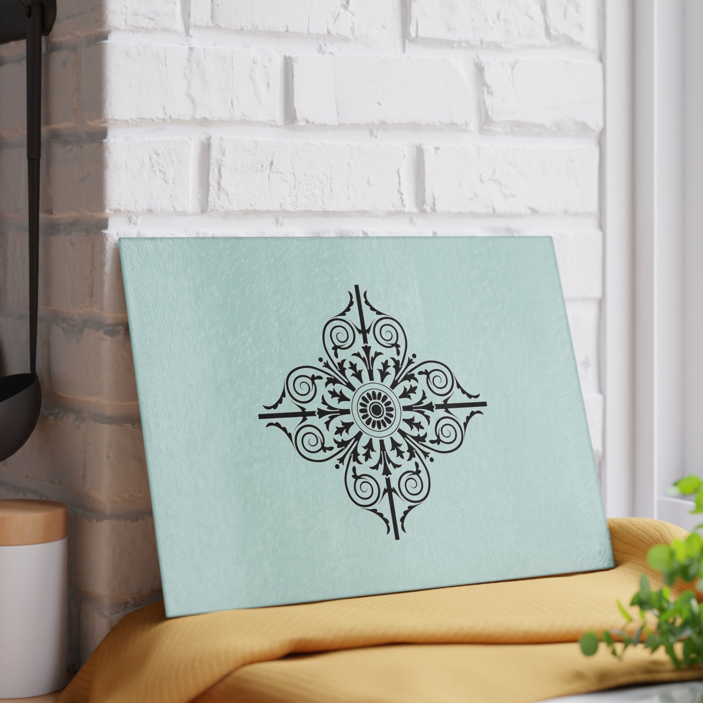 Mint Floral Medallion Glass Cutting Board — Decorative Kitchen Prep Board