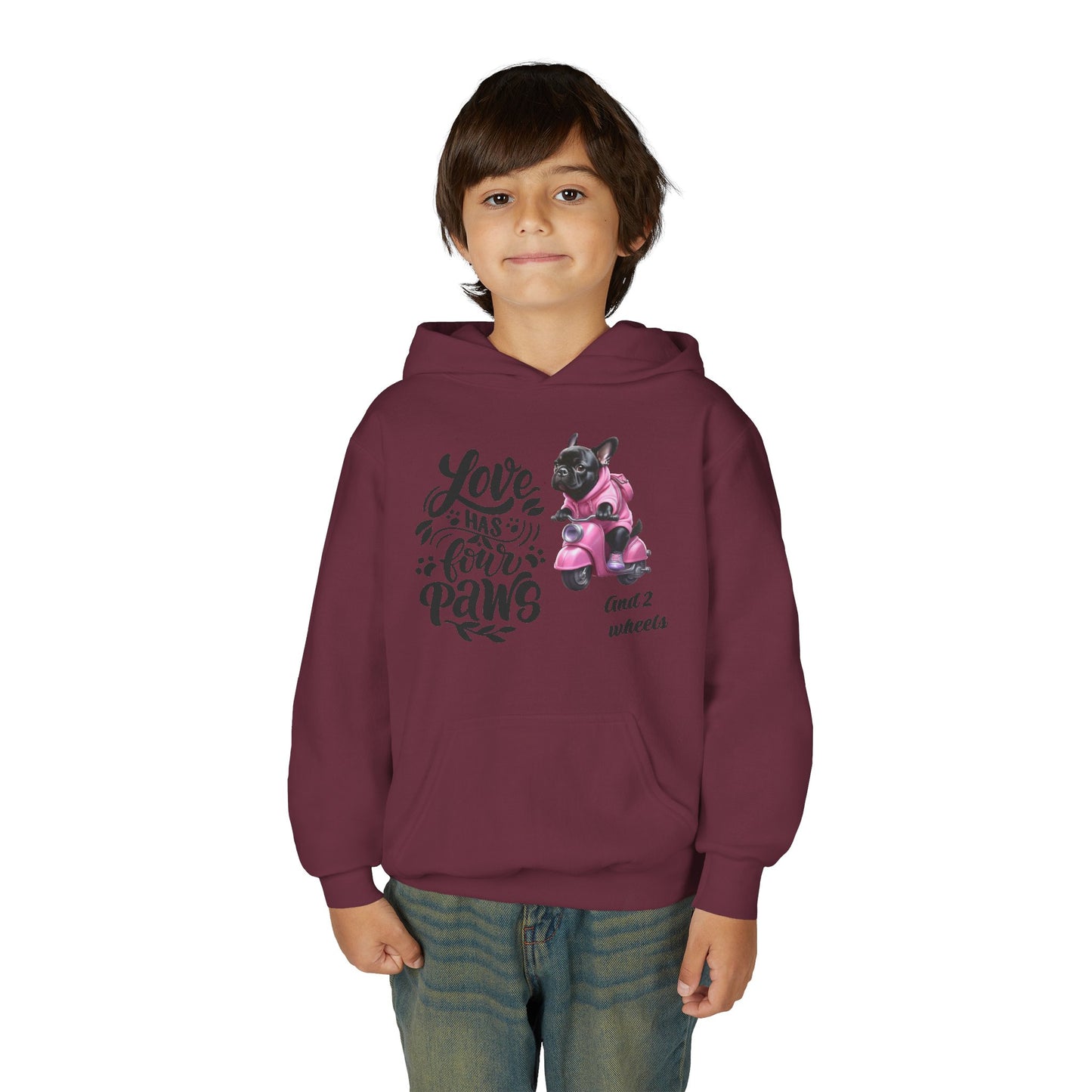 Youth Hoodie — "Love Has Four Paws" Pink Scooter French Bulldog Graphic