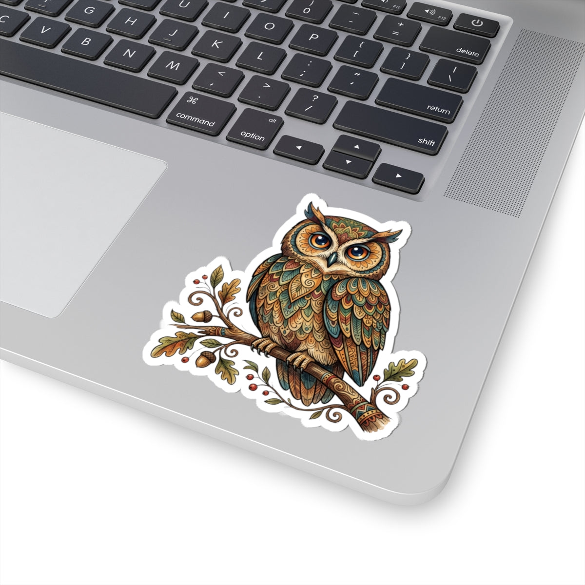 Owl Kiss-Cut Sticker — Detailed Boho Forest Owl on Branch (Laptop, Journal, Water Bottle Decal)