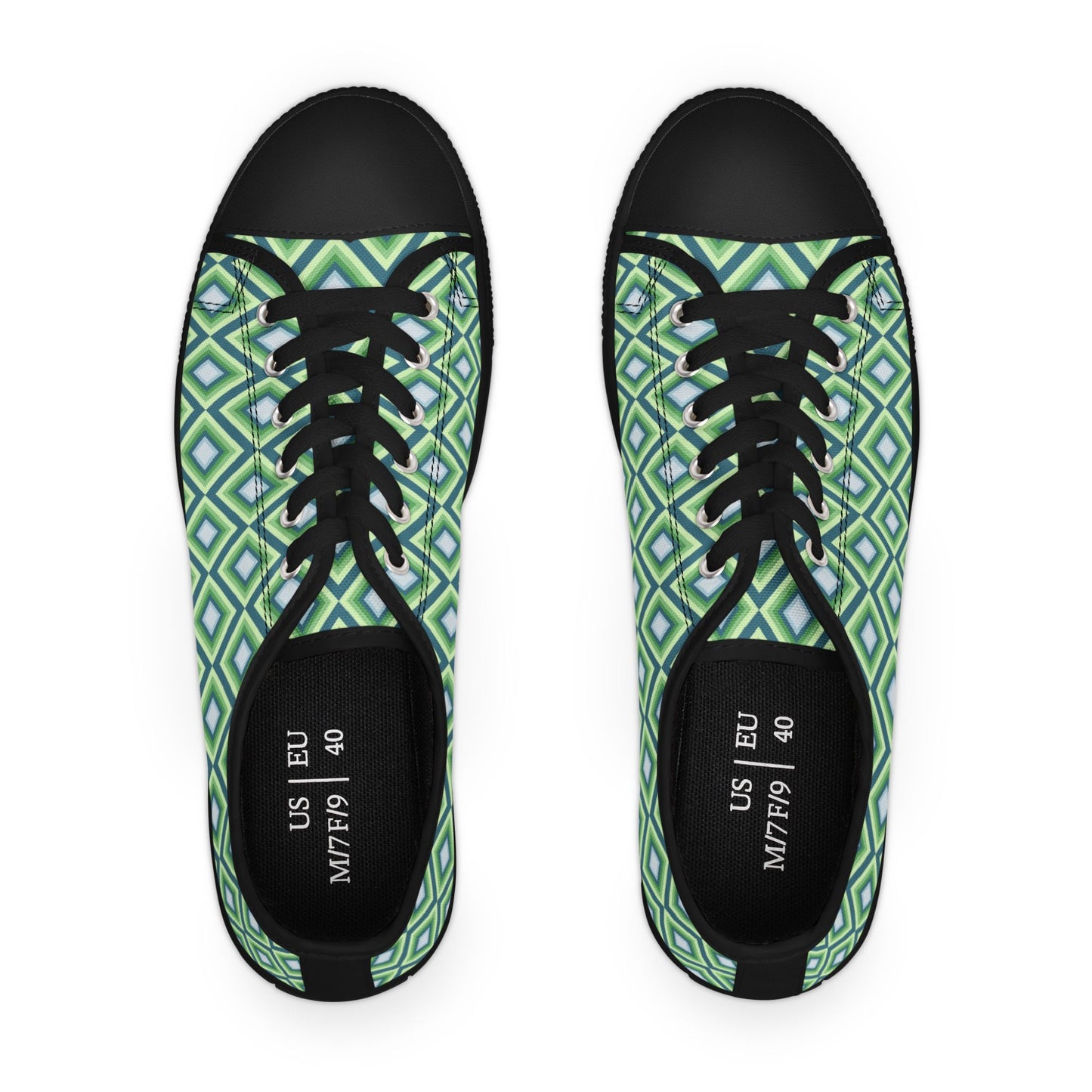 Green Geometric Diamond Pattern Women's Low Top Sneakers — Casual Retro Graphic Tennis Shoes