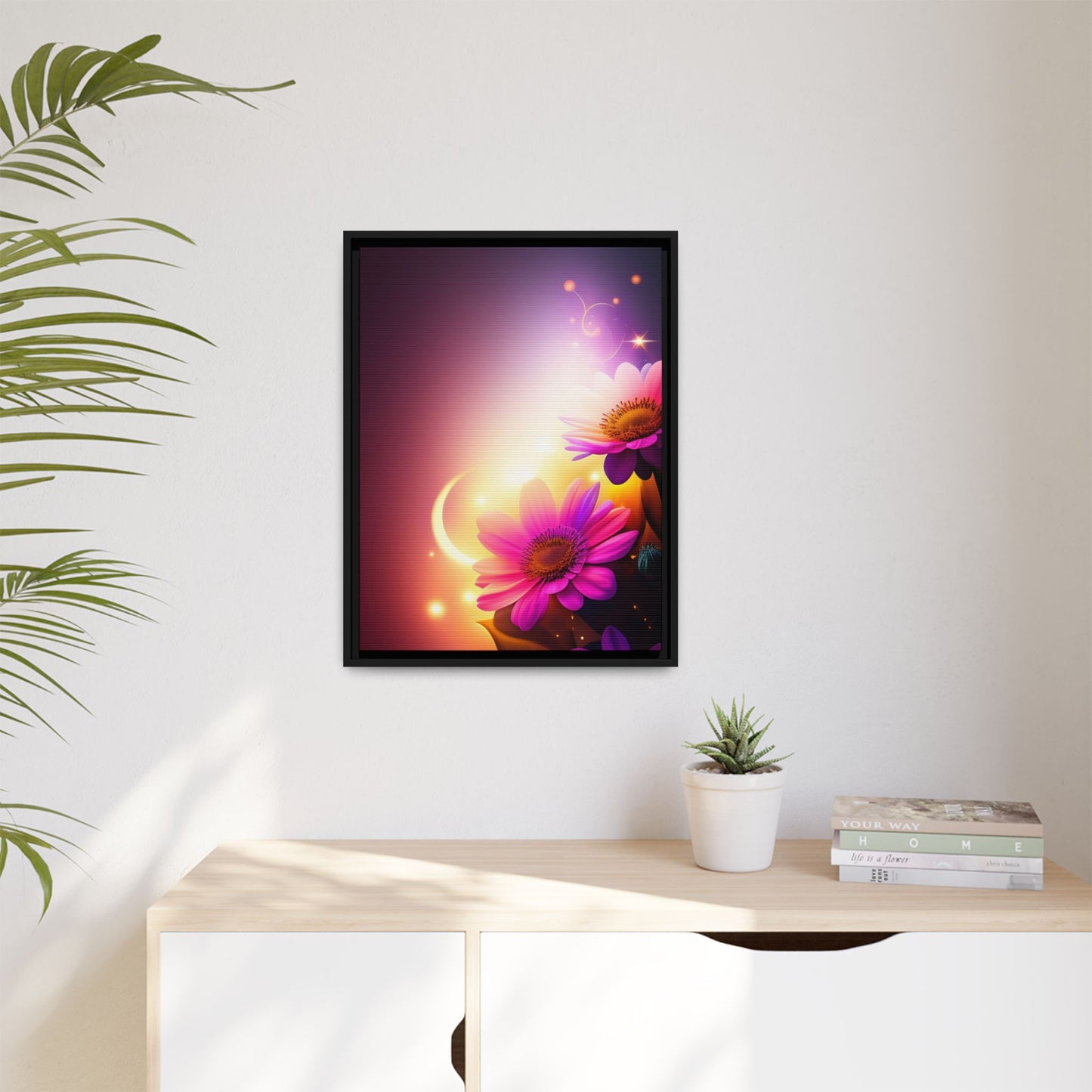 Framed Floral Canvas Art — Pink Daisies Sunset Wall Print