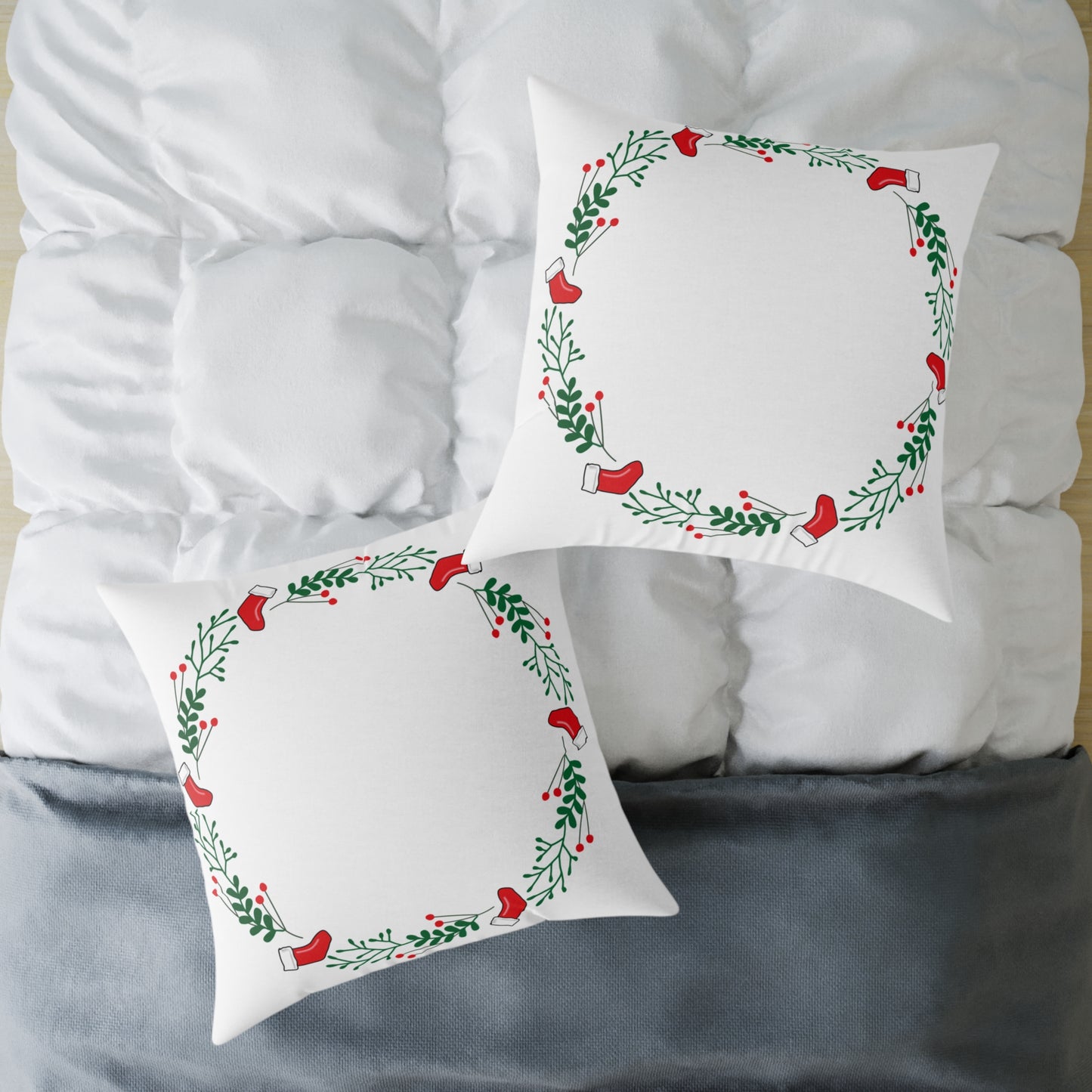 Holiday Holly Corner Square Pillow - Festive Red Berries & Greenery Throw Pillow