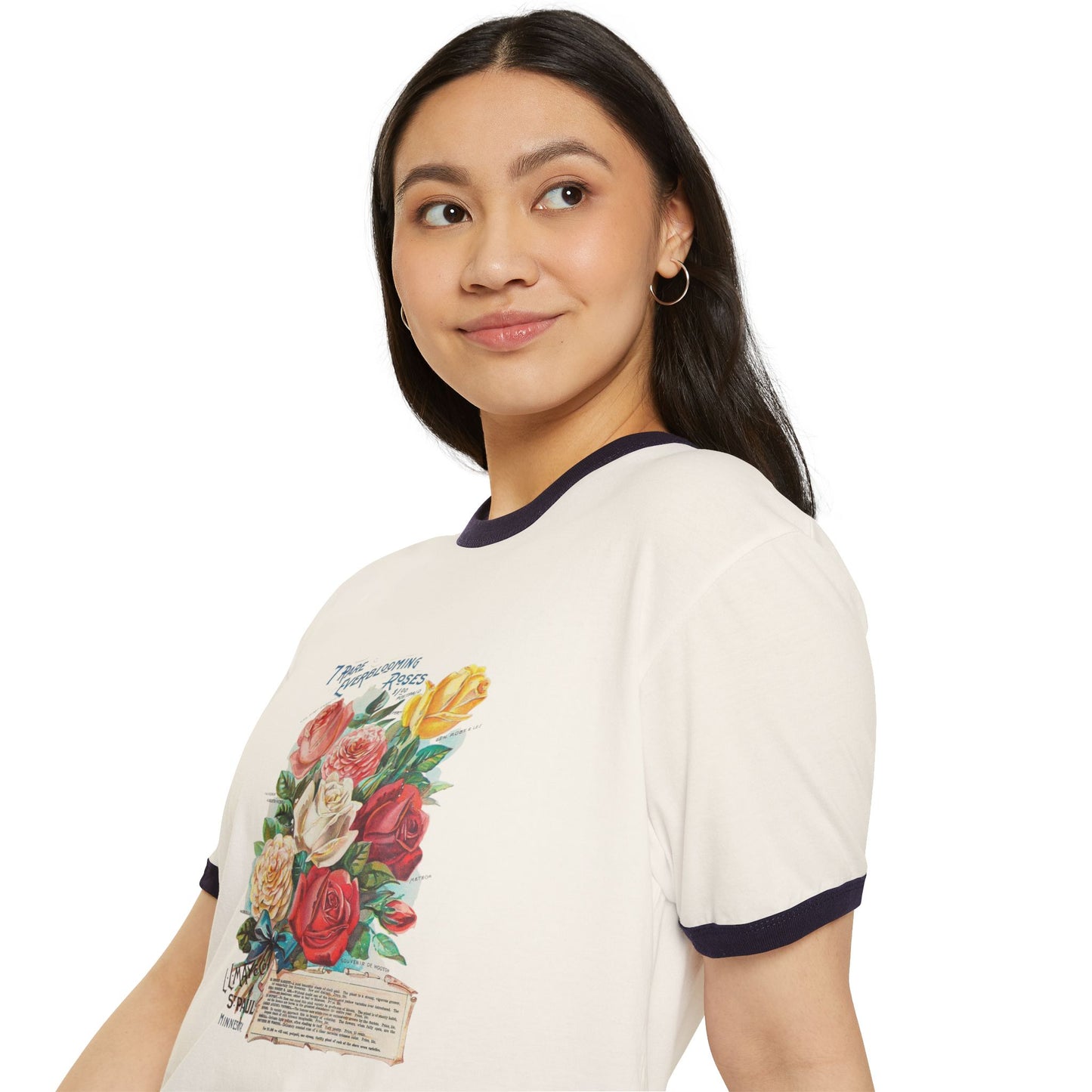 Ringer T-Shirt - Vintage Botanical Rose Bouquet (Includes Floral Text)