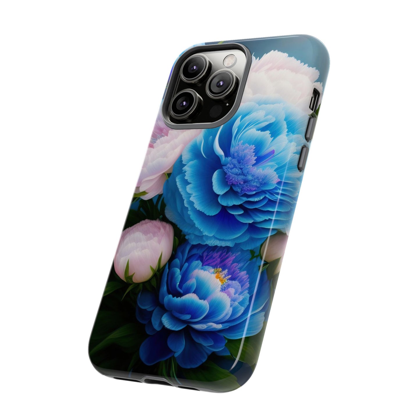 Floral Blue Peony Phone Case — Protective Tough Case with Pink & Blue Blooms