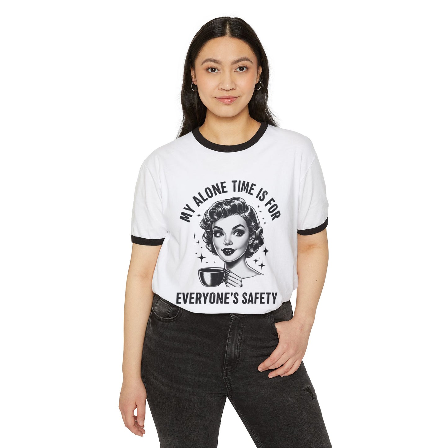 Vintage Retro Ringer T‑Shirt — “My Alone Time Is For Everyone’s Safety” Coffee Graphic