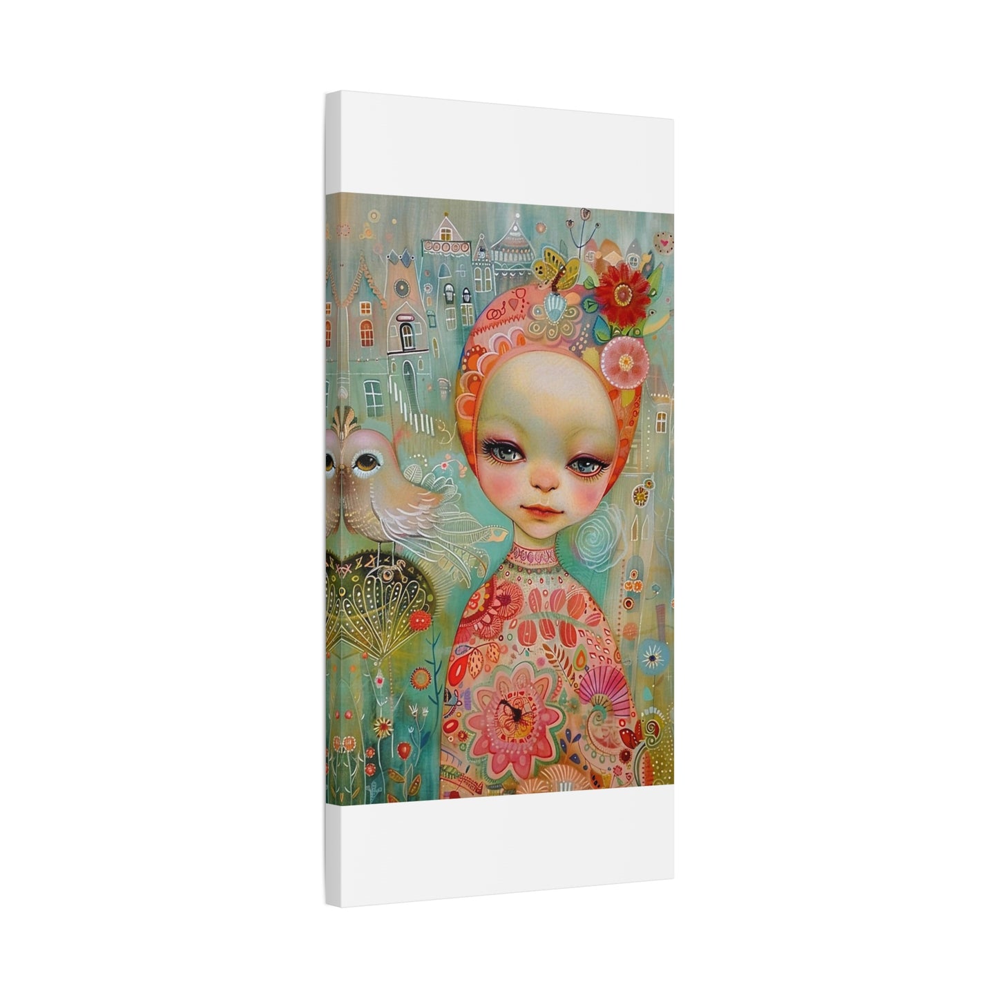 Whimsical Girl & Bird Matte Canvas Wall Art — Stretched Decorative Painting