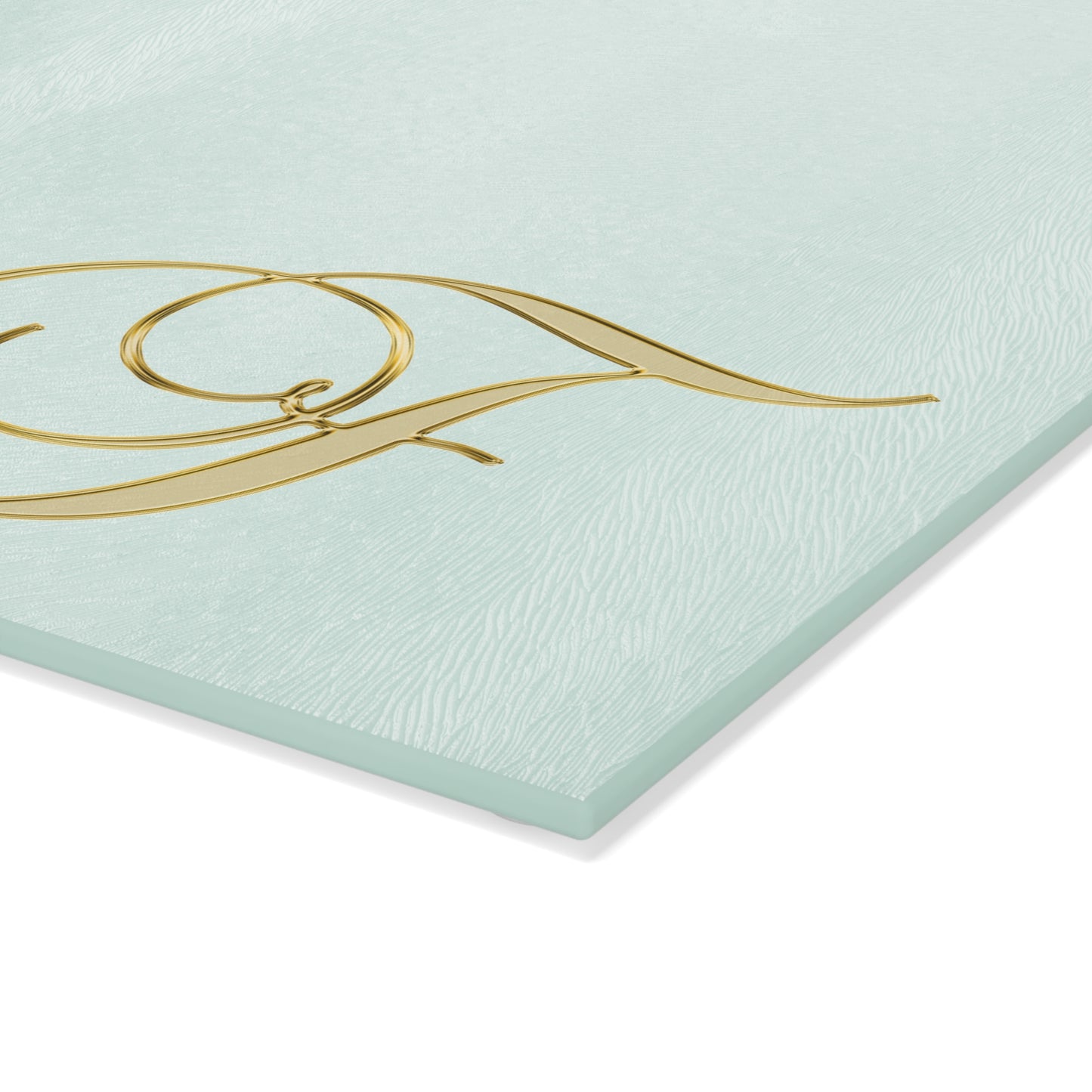 Monogram Glass Cutting Board — Elegant Gold Script "F" on Mint