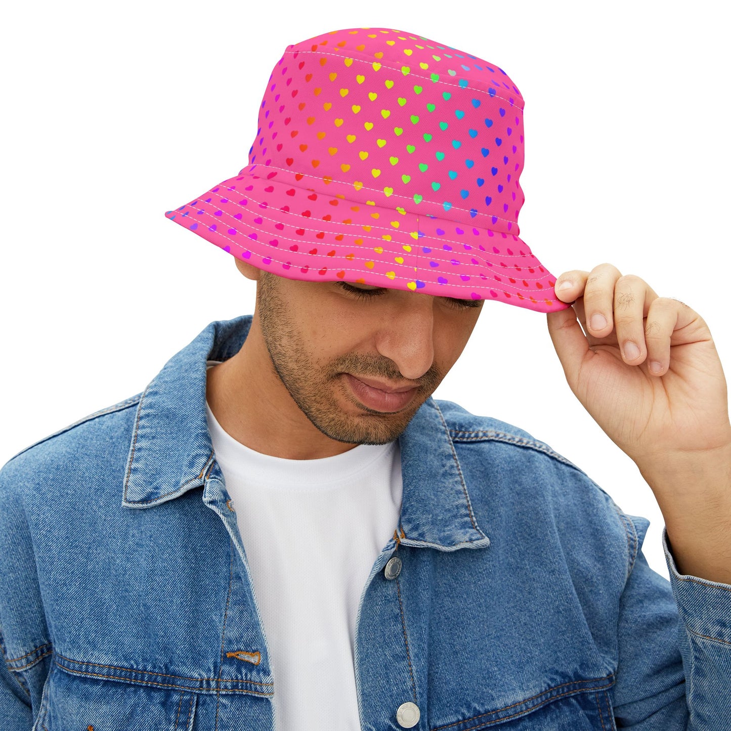 Pink Rainbow Heart Bucket Hat — Colorful Polka Dot Summer Sun Hat