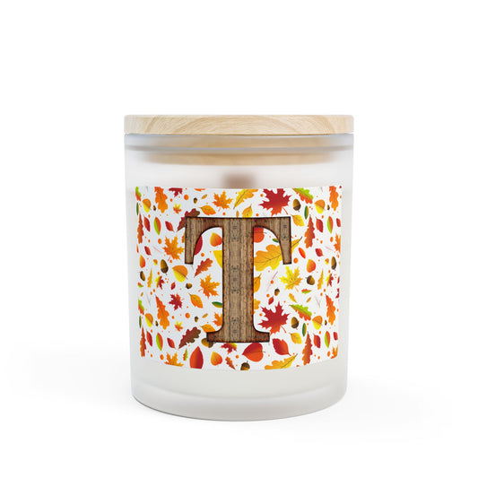 Autumn Leaves Monogram Candle — Frosted 11oz Soy Candle with Wood 'T' Initial