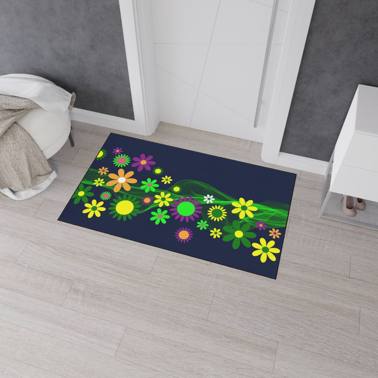 Floral Neon Wave Floor Mat — Heavy-Duty Non-Slip Entry Rug
