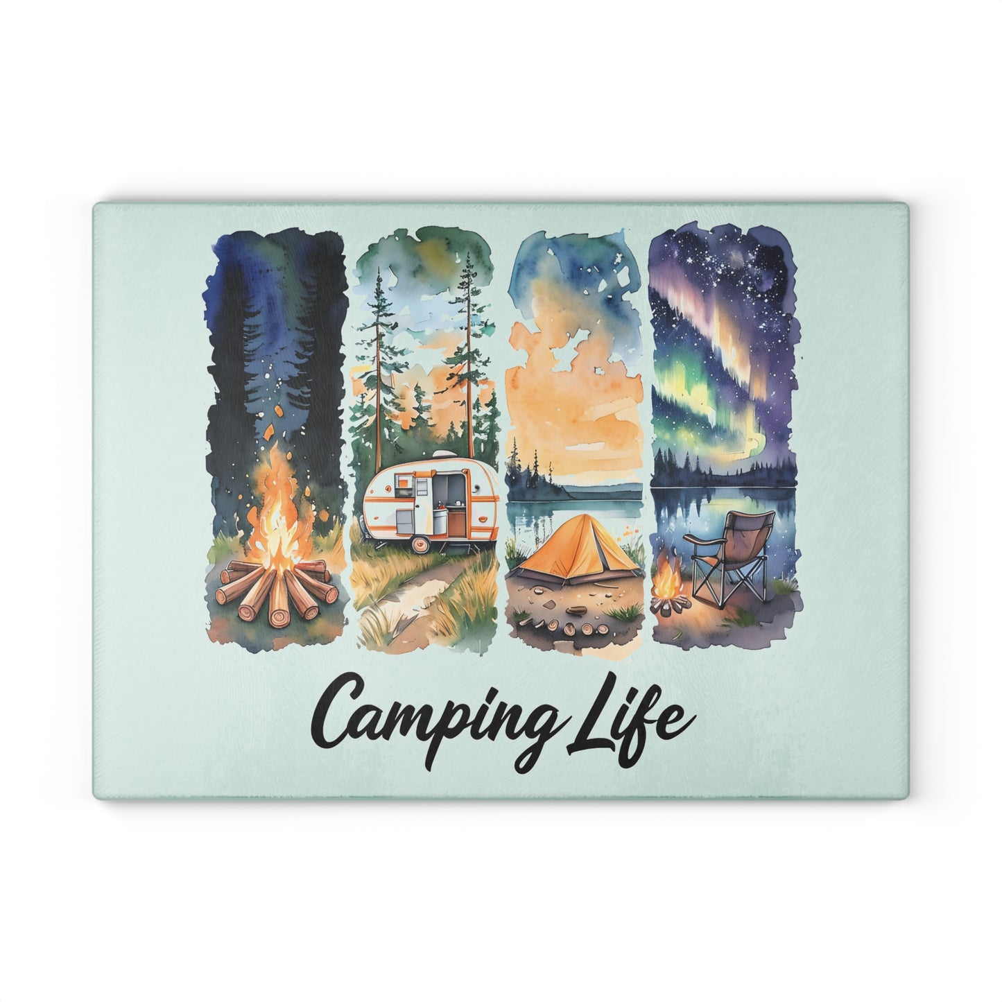 Camping Life Glass Cutting Board – Watercolor Camper, Tent & Campfire Kitchen Board