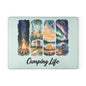 Camping Life Glass Cutting Board – Watercolor Camper, Tent & Campfire Kitchen Board