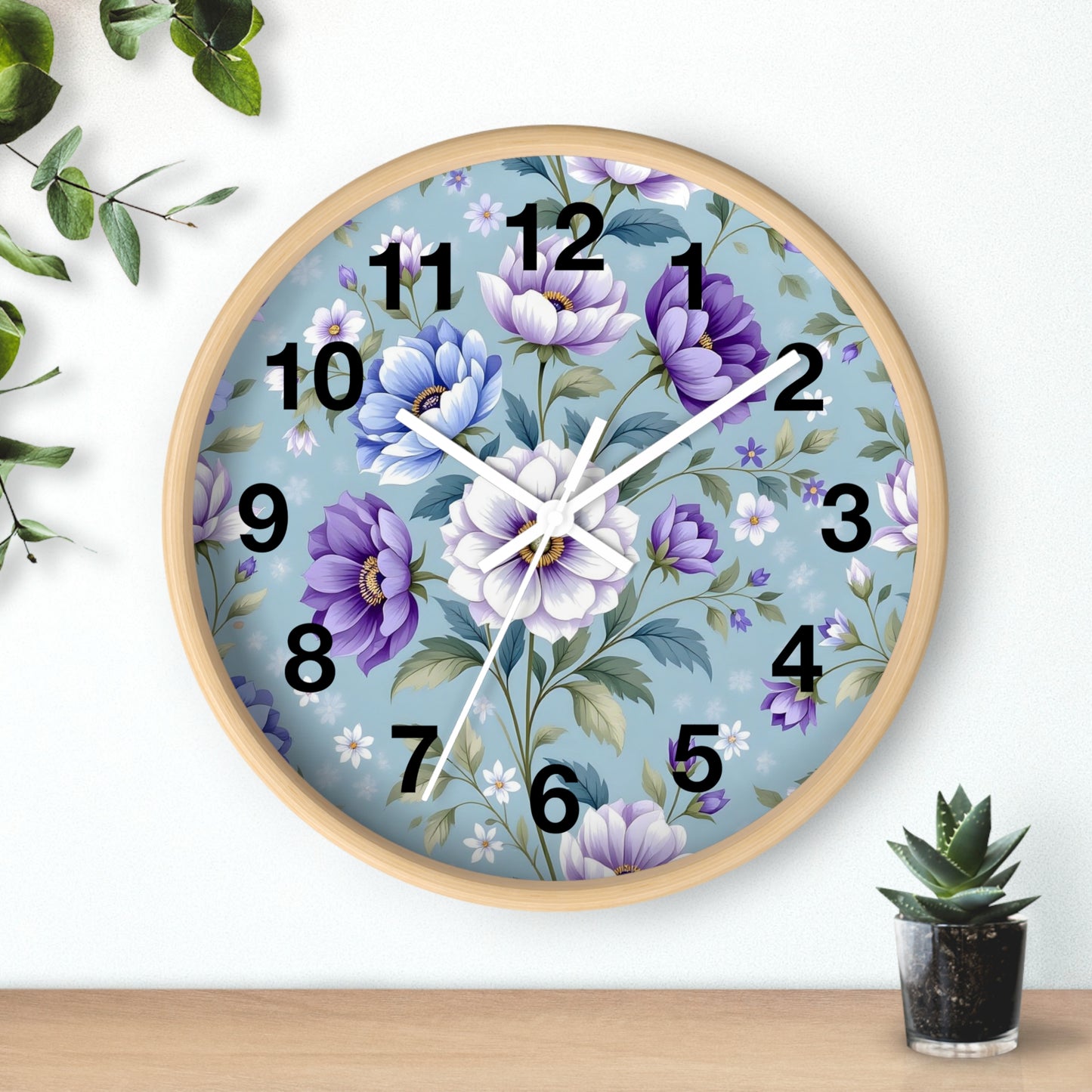 Floral Wall Clock — Vintage Purple & Blue Peony Garden Clock