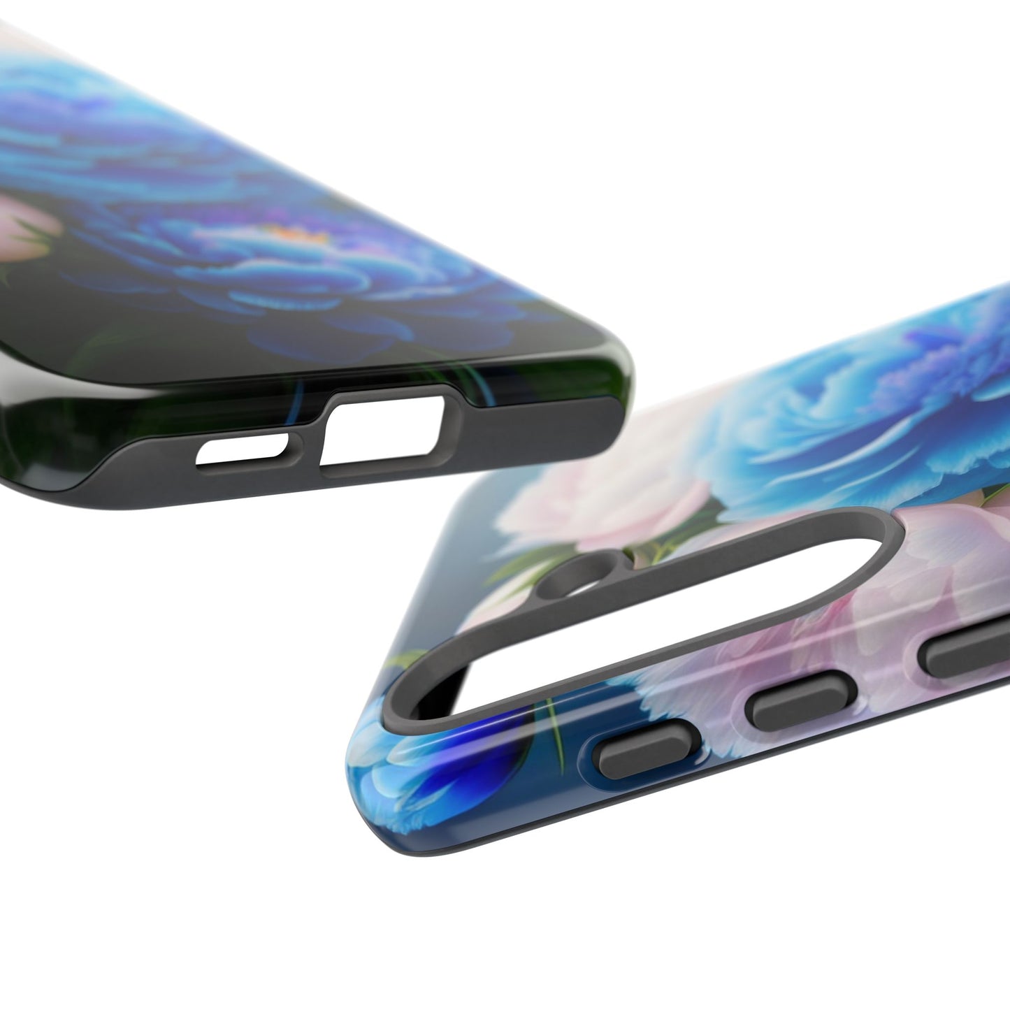 Floral Blue Peony Phone Case — Protective Tough Case with Pink & Blue Blooms