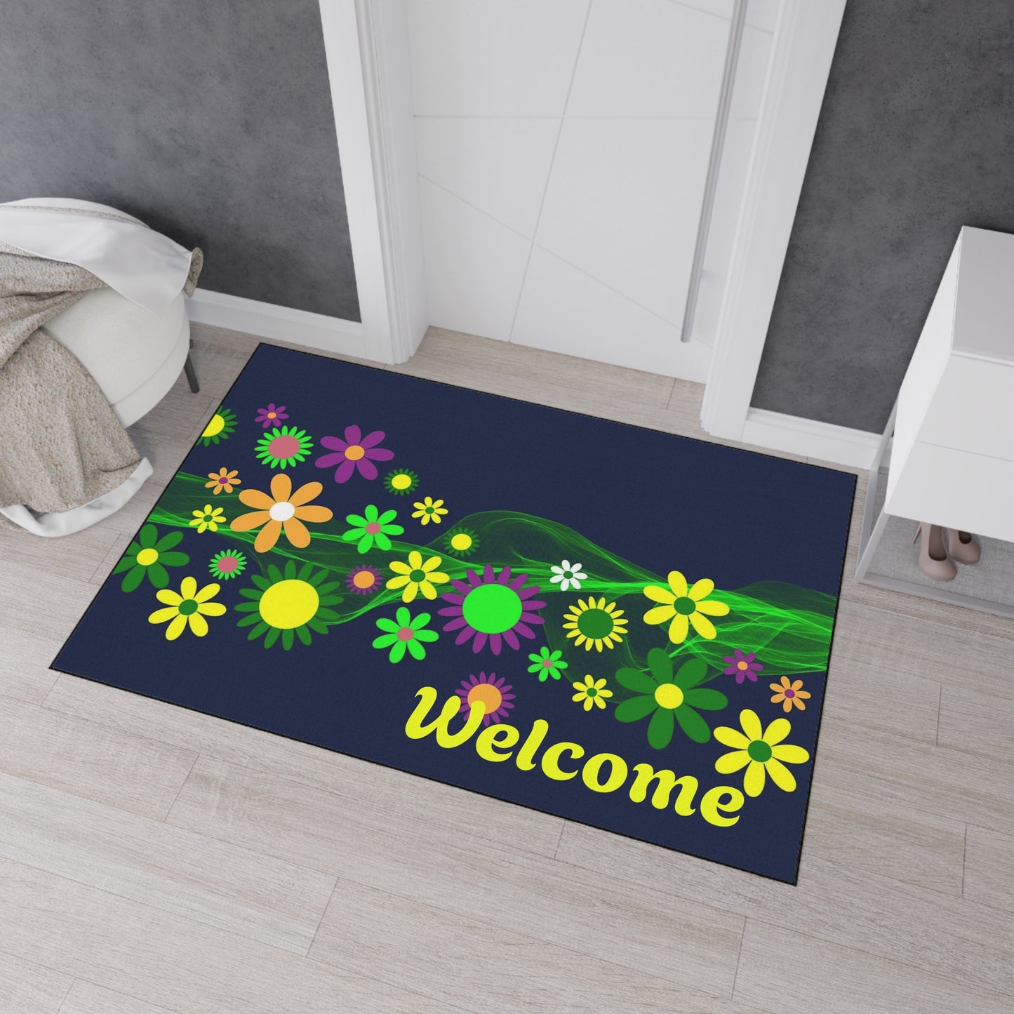Welcome Floral Heavy-Duty Floor Mat — Colorful Spring Flowers Door Mat