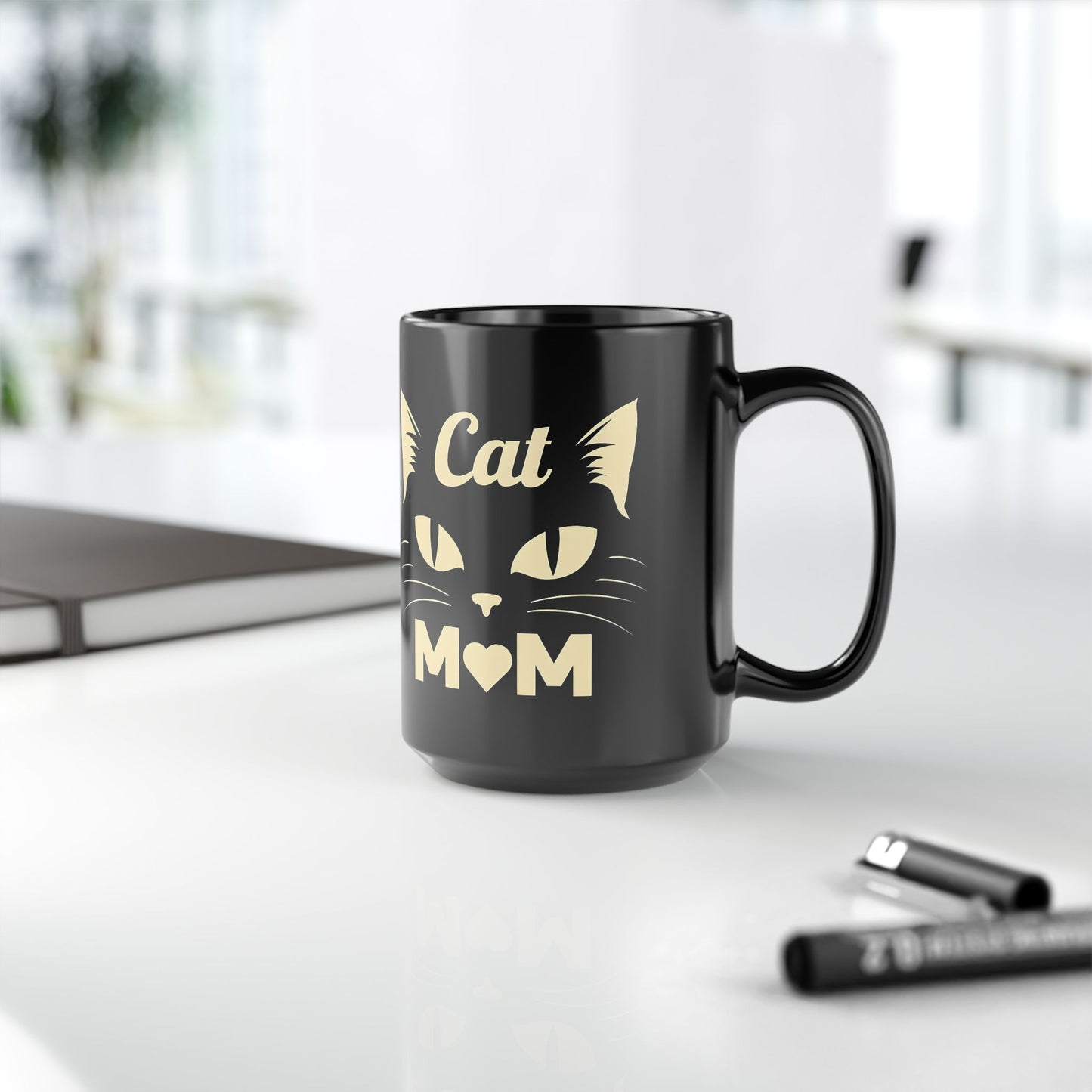 Cat Mom 15oz Black Mug — Cute Cat Face Coffee Cup for Cat Lovers