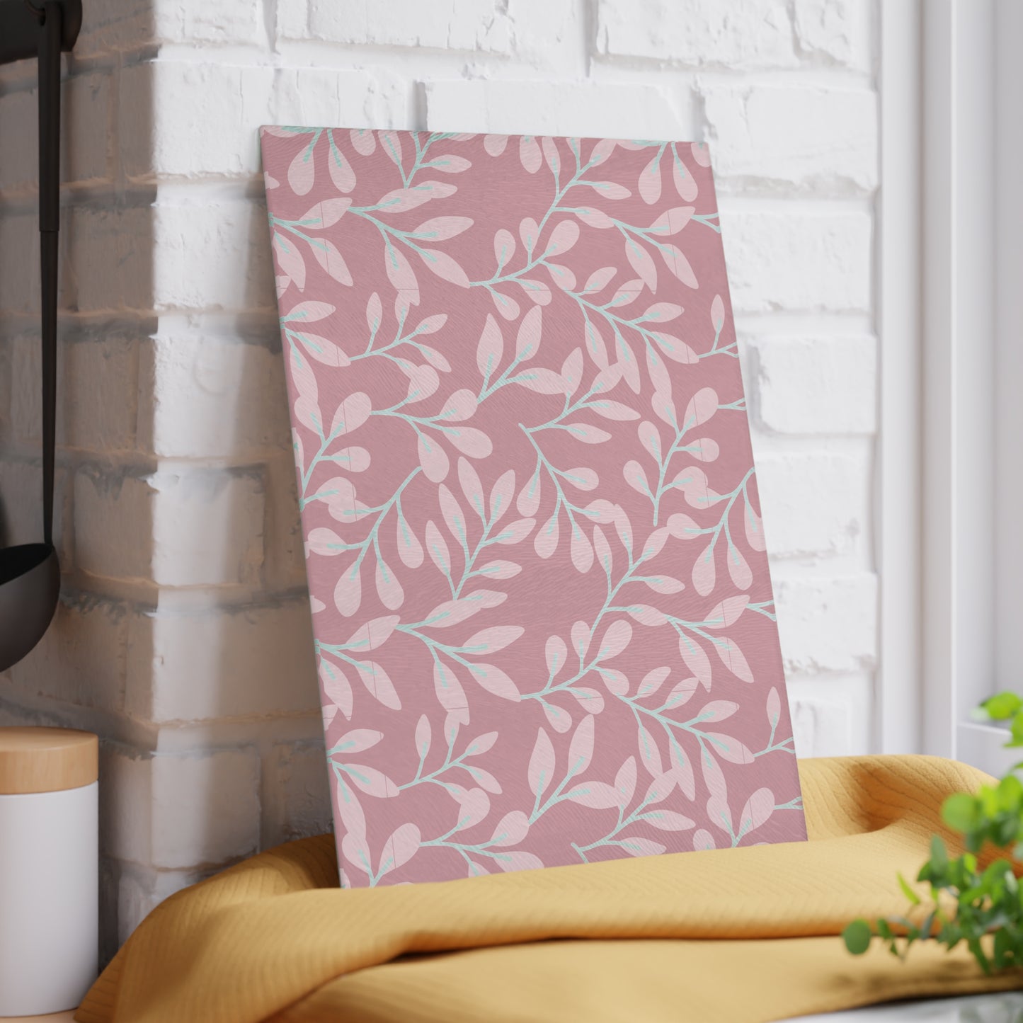Pink Floral Glass Cutting Board – Pastel Leaf Pattern Kitchen Decor