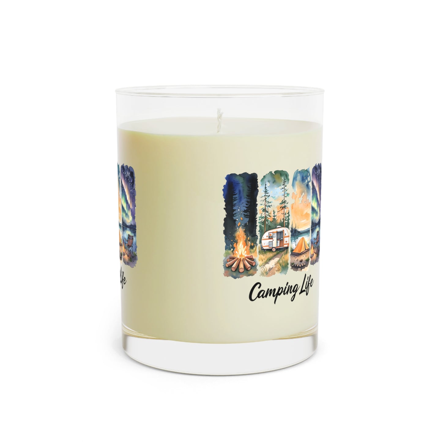 Camping Life Scented Candle — 11oz Glass Candle with Campfire & Northern Lights Design