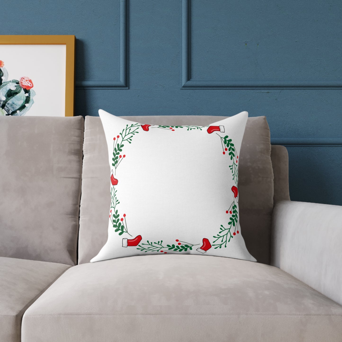 Holiday Holly Corner Square Pillow - Festive Red Berries & Greenery Throw Pillow
