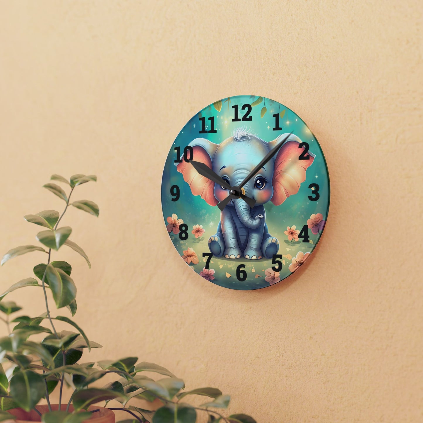 Cute Elephant Acrylic Wall Clock, Colorful Nursery Decor, Kids Room