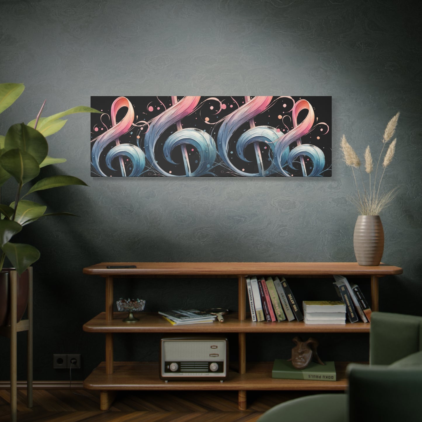 Musical Treble Clef Canvas Wall Art — Pastel Ribbon Notes on Black