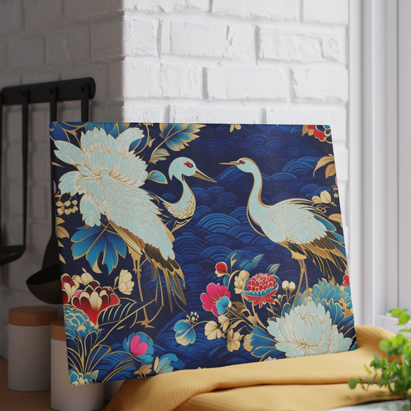 Glass Cutting Board - Elegant Japanese Crane & Peony Floral Pattern