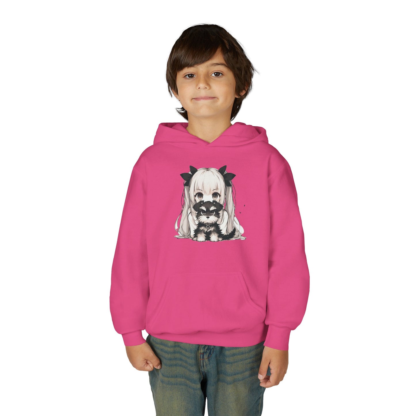 Cute Anime Girl & Puppy Youth Hoodie — Kawaii Kids Pullover for Anime Fans