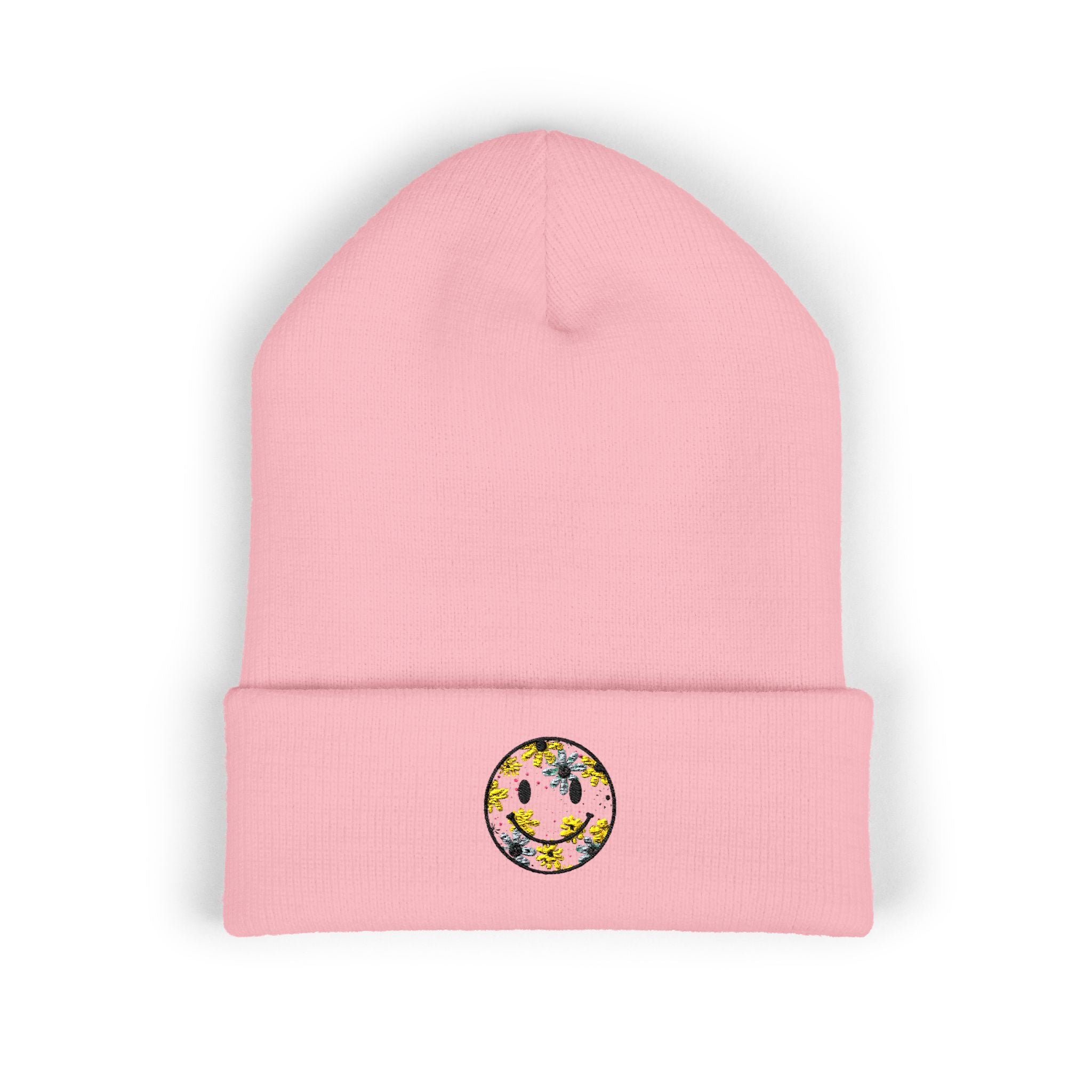 Smiley Daisy Embroidered Beanie — Cute Floral Smile Patch Cuffed Hat