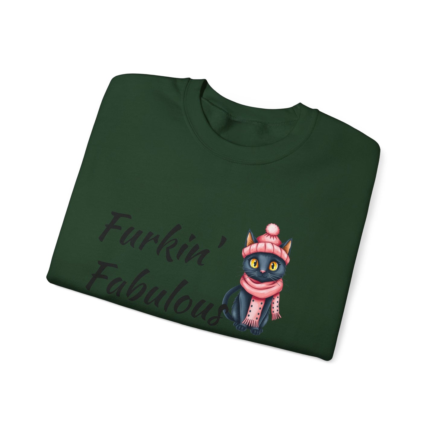Crewneck Sweatshirt — "Furkin' Fabulous" Cute Black Cat in Pink Hat & Scarf