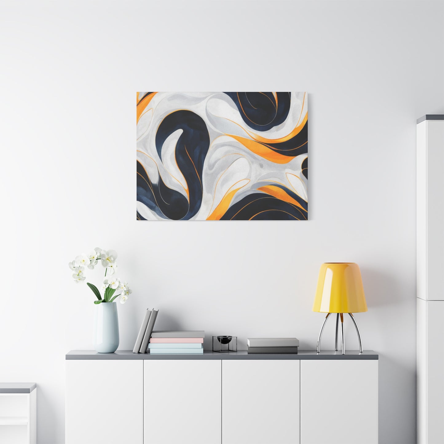 Abstract Fluid Art Matte Canvas Print — Navy, Gold & White Stretched Wall Art