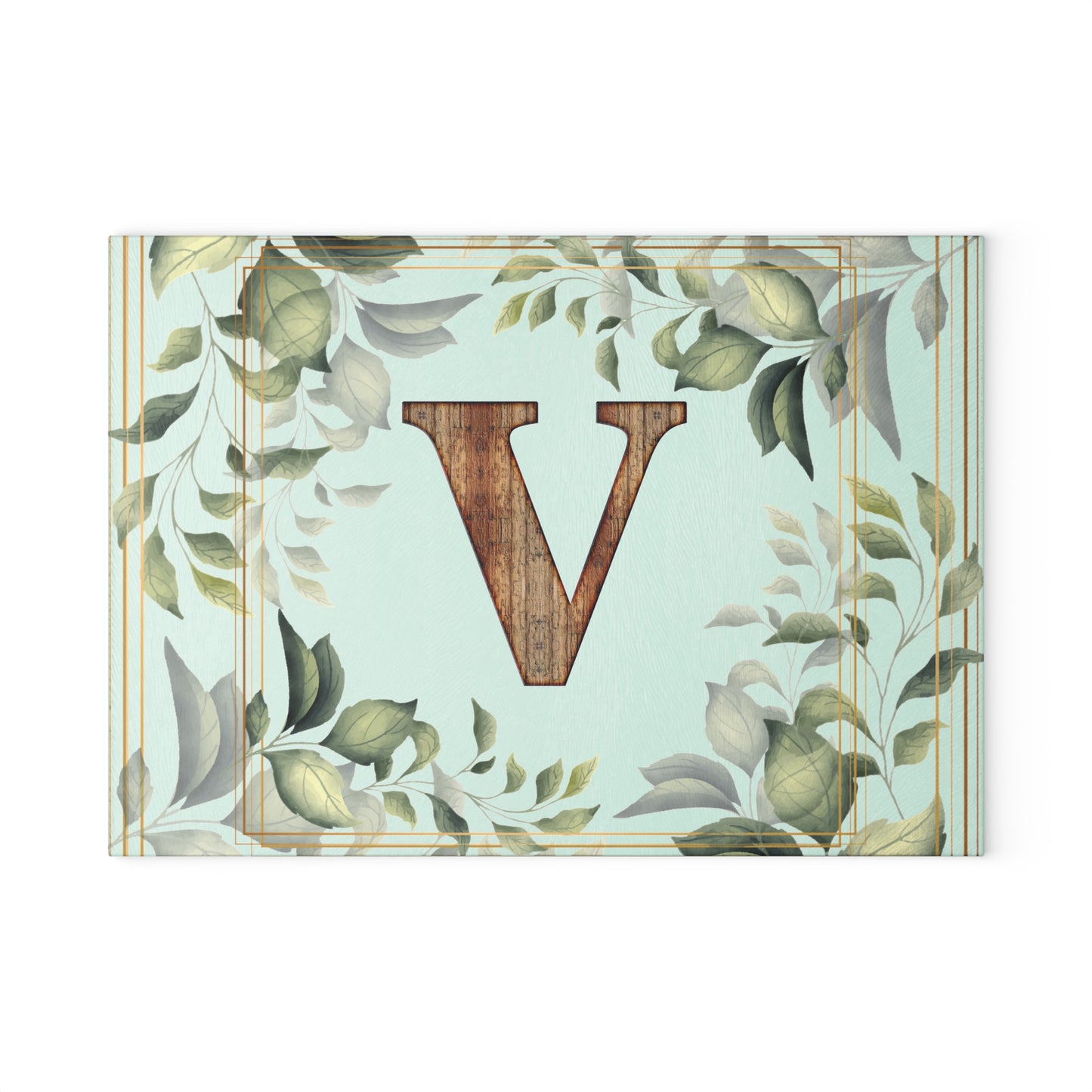 Monogram Glass Cutting Board — Rustic Wood “V” with Greenery Border