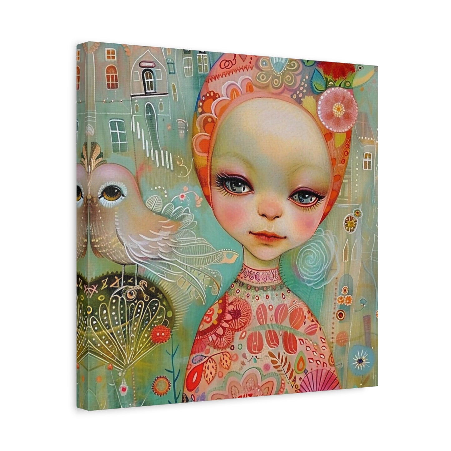 Whimsical Girl & Bird Matte Canvas Wall Art — Stretched Decorative Painting