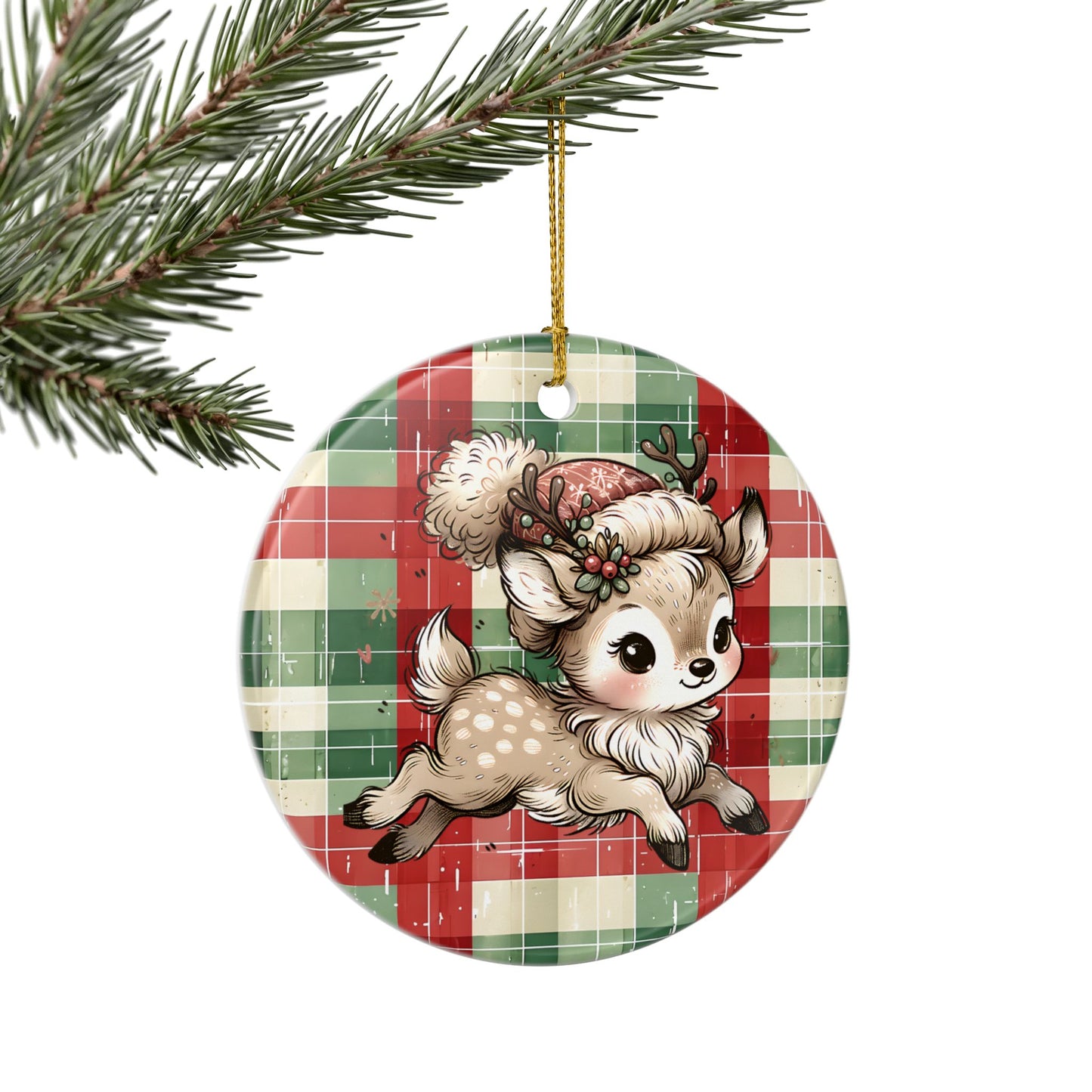 Cute Reindeer Plaid Ceramic Christmas Ornament (Double-Sided)