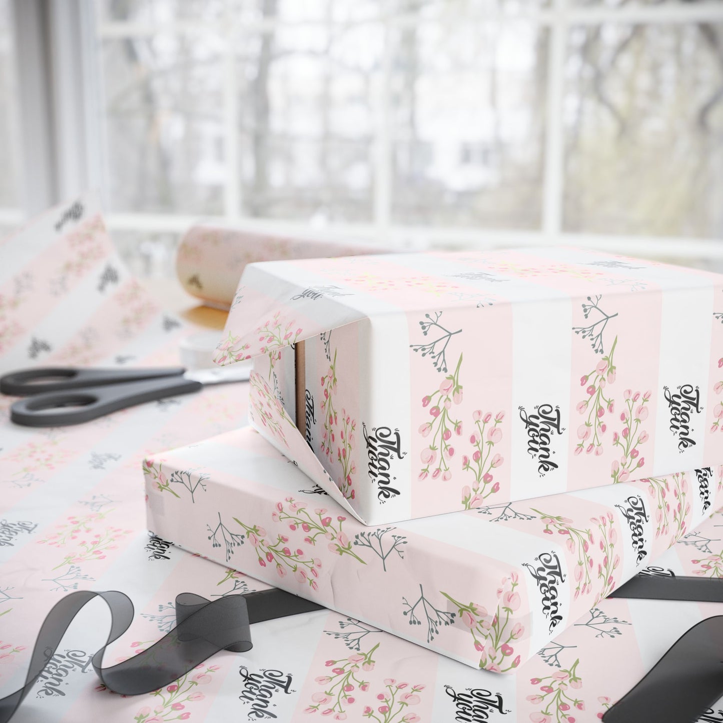 Floral Pink Thank you Wrapping Paper Roll