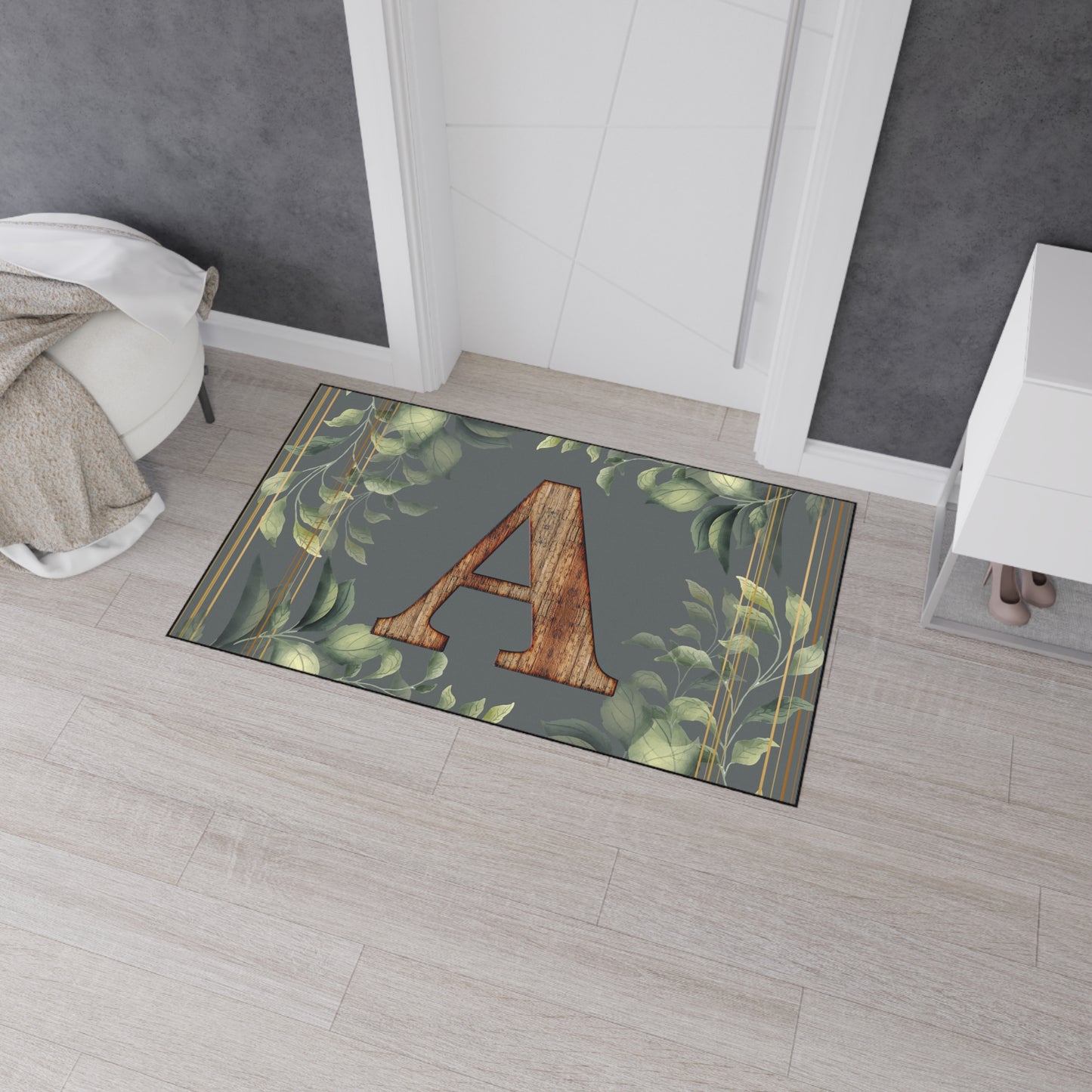 Personalized Monogram Floor Mat - Rustic Wood 'A' with Greenery Welcome Rug - Letter A