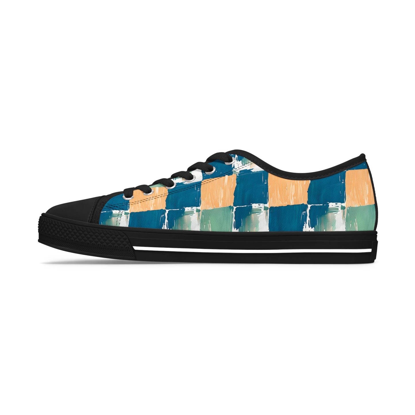 Canvas Sneakers — Hand-Painted Checkerboard in Teal, Orange & Mint