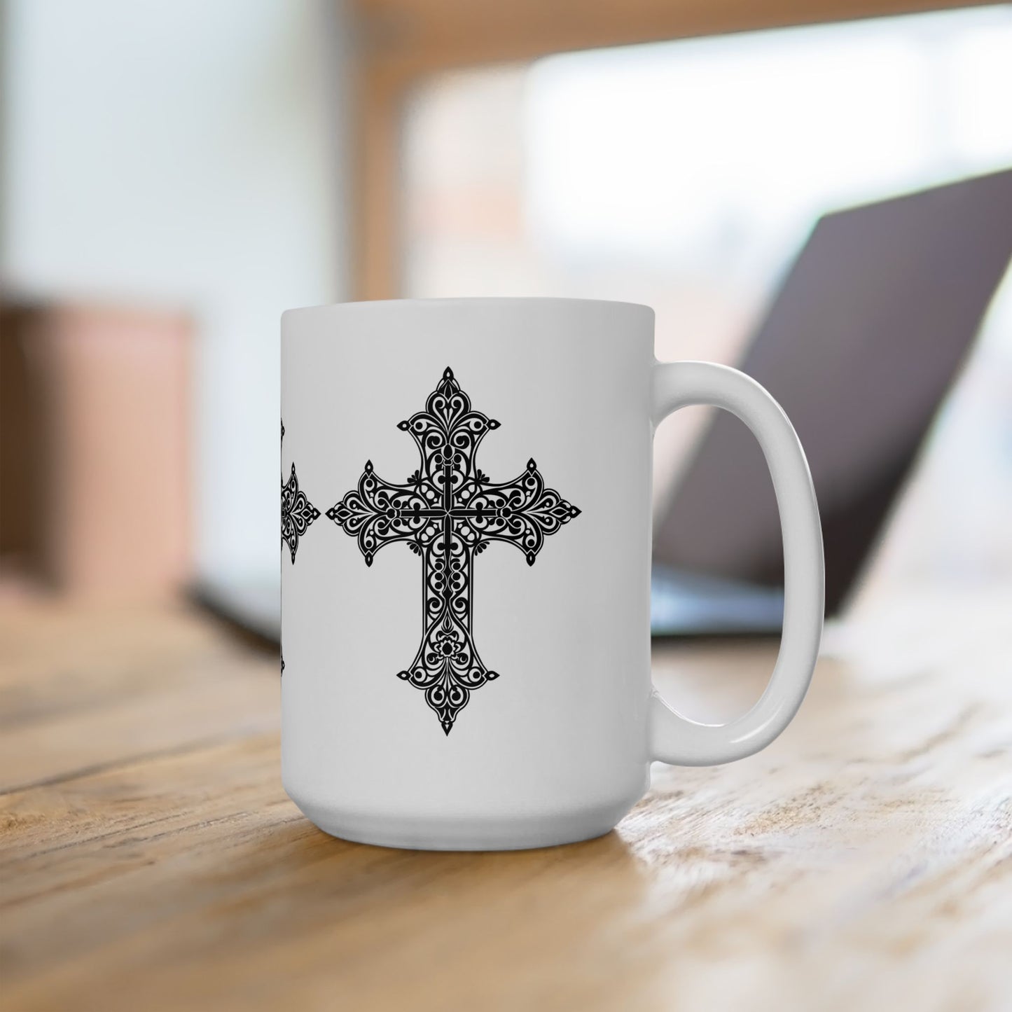 Gothic Cross Ceramic Mug - Spiritual Gift for Faith Lovers, Black and White Design, Perfect for Coffee or Tea, Housewarming, Religious [...]