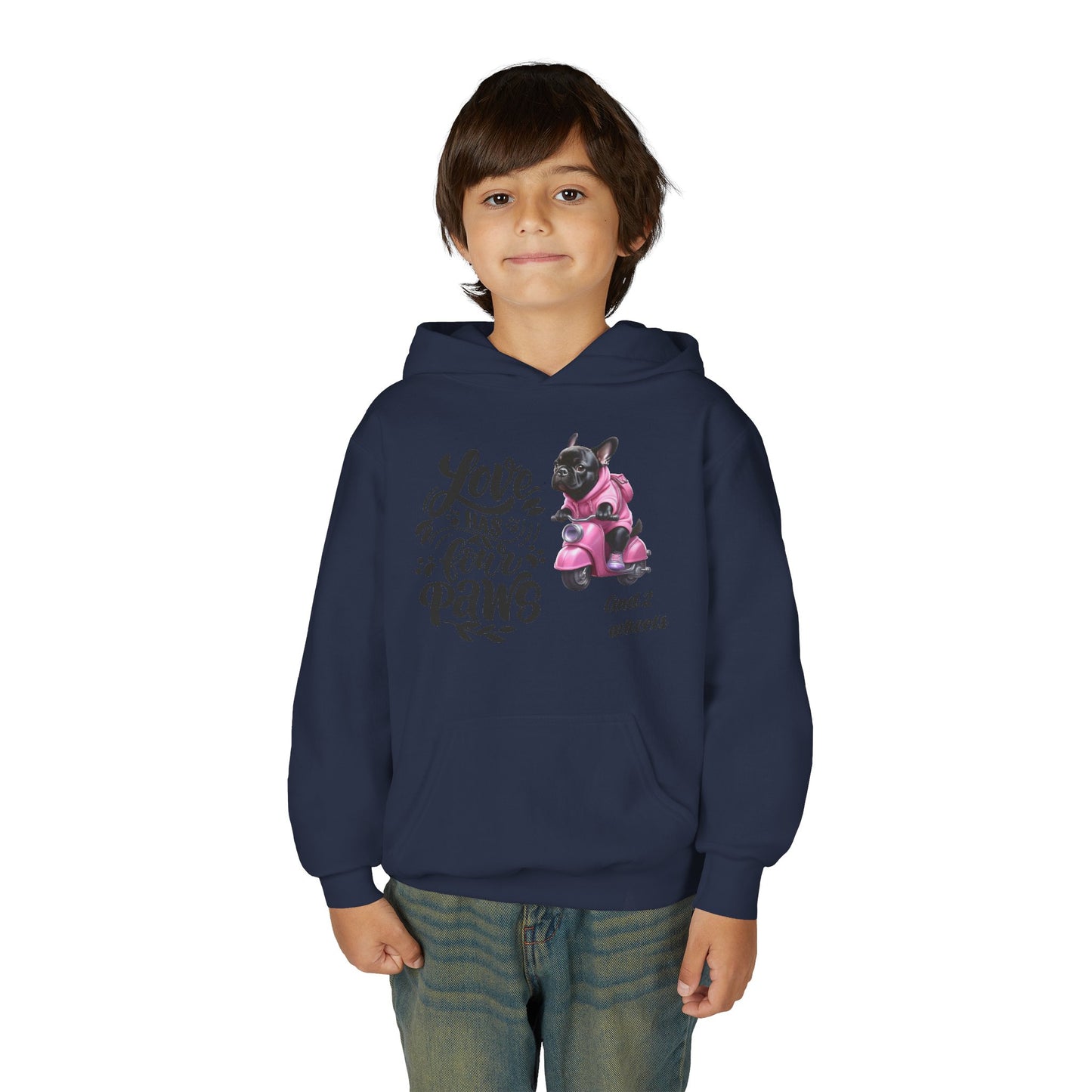 Youth Hoodie — "Love Has Four Paws" Pink Scooter French Bulldog Graphic