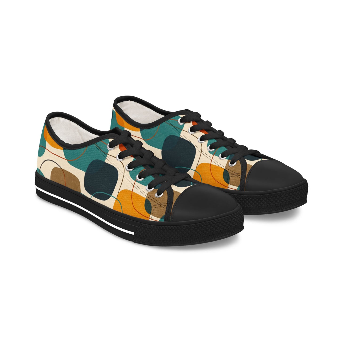 Low Top Sneakers — Retro Abstract Teal & Mustard Geometric Pattern
