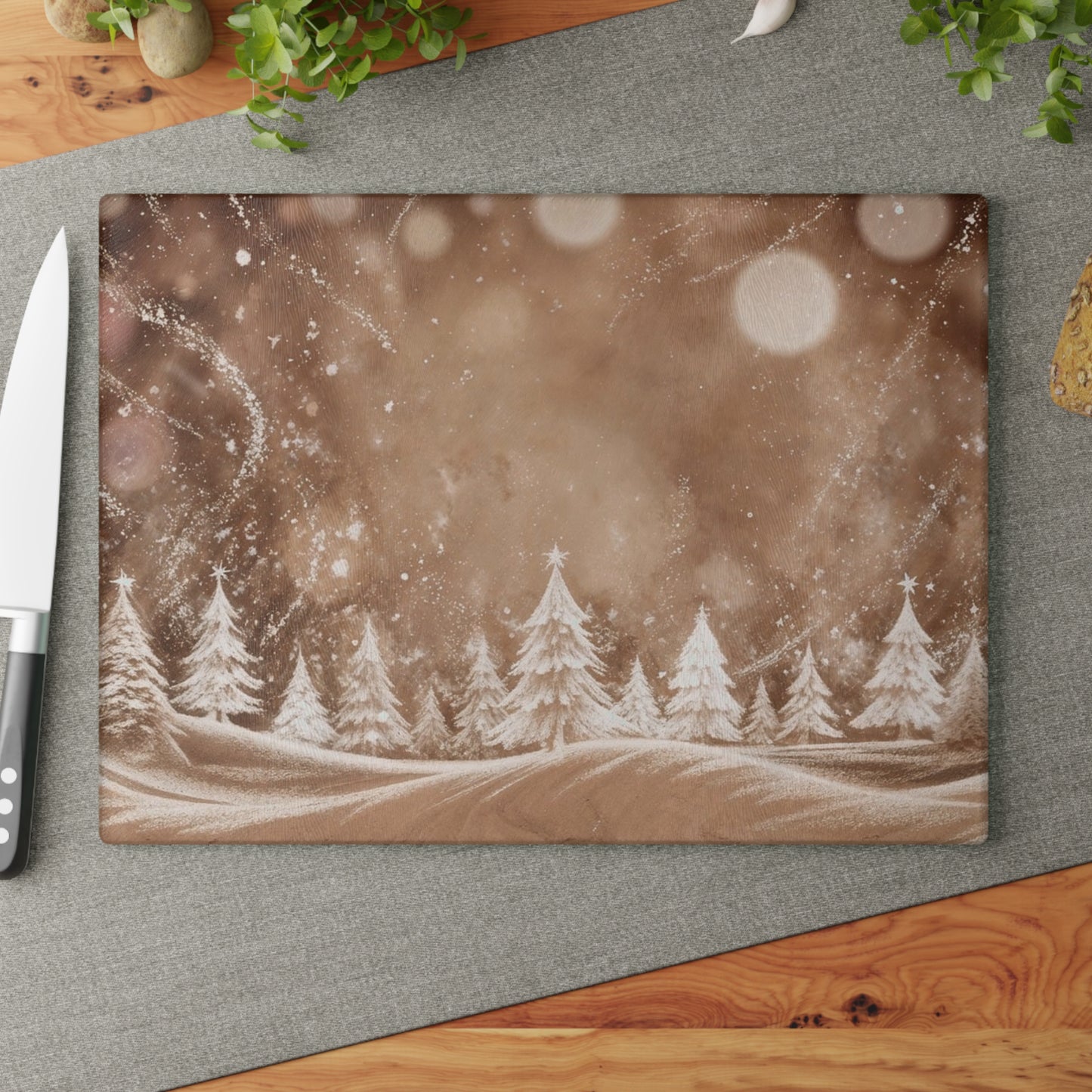 Winter Wonderland Glass Cutting Board – Snowy Pine Trees Holiday Kitchen Decor