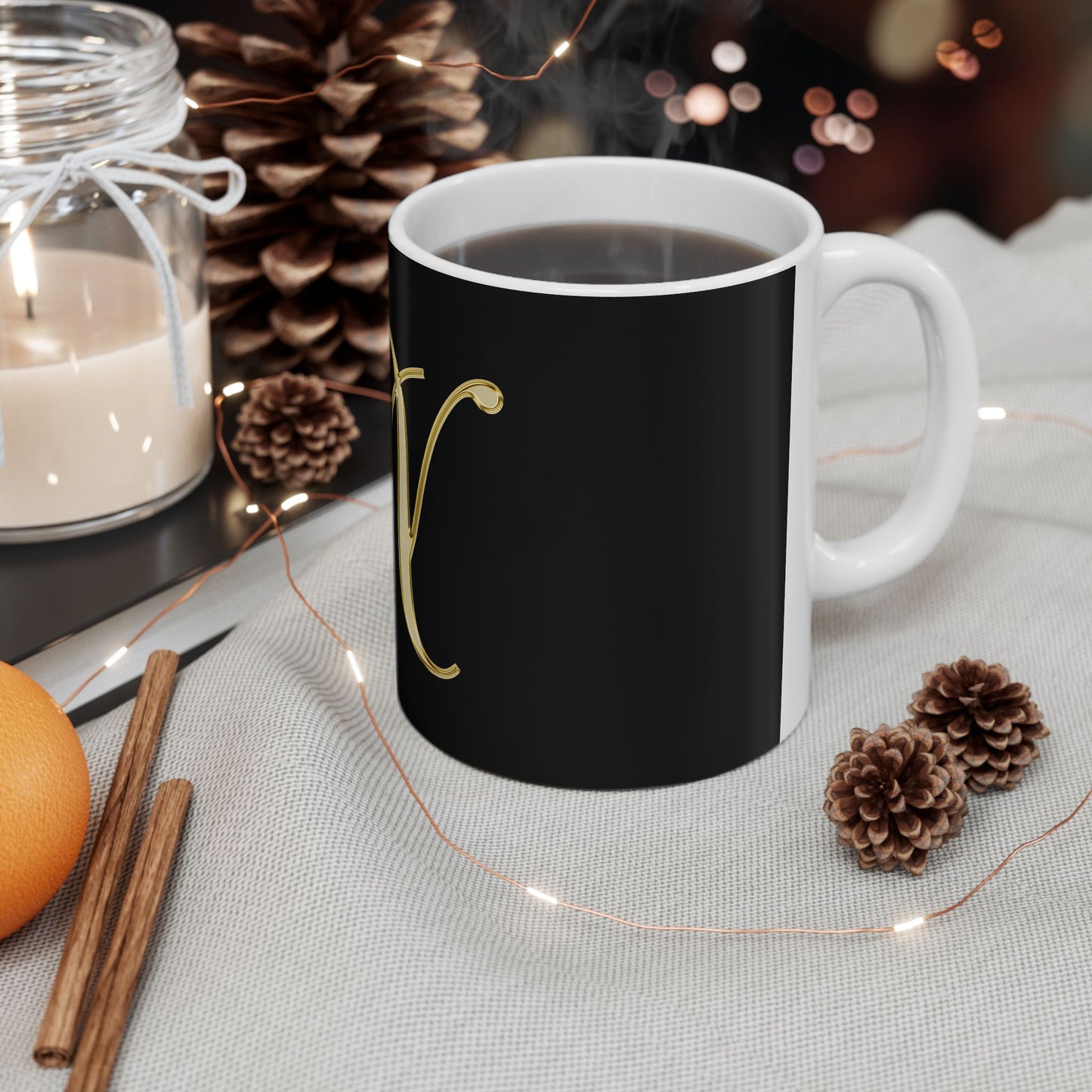 Gold Script Letter N Ceramic Mug — Elegant Monogram Coffee Cup (11oz, 15oz)