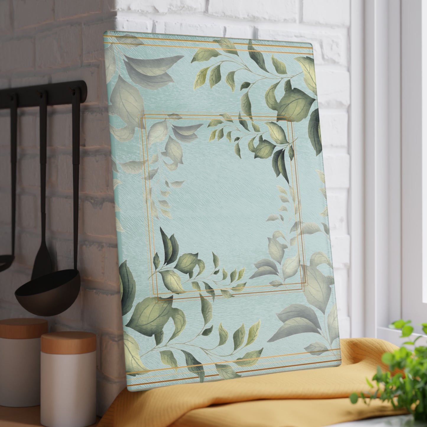 Glass Cutting Board — Botanical Green Leaf Decorative Kitchen Board