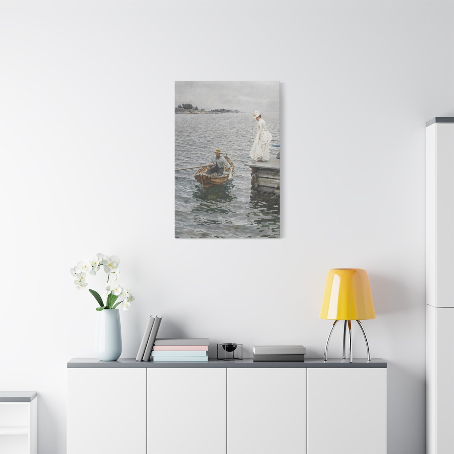 Seaside Stroll Canvas Print — Vintage Woman & Rowboat Matte Stretched Art 1.25"