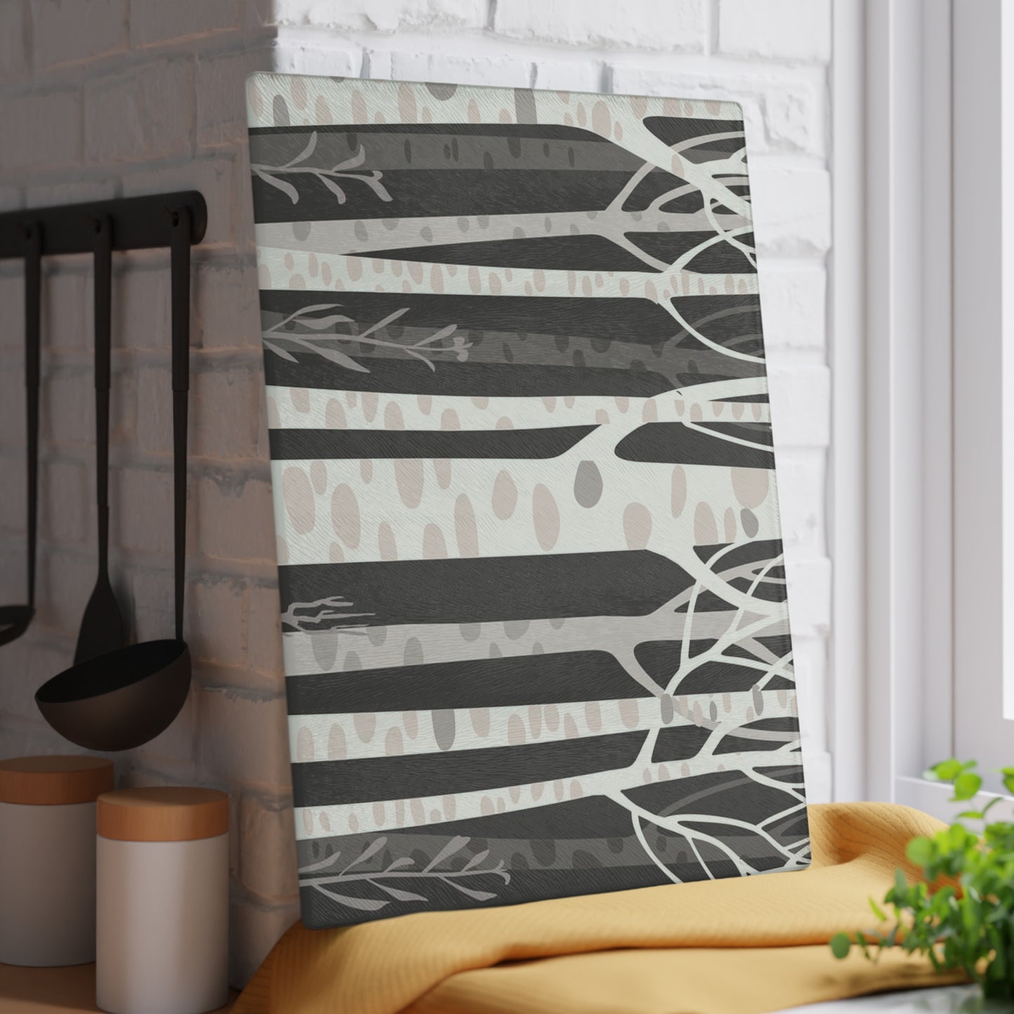 Birch Forest Glass Cutting Board – Monochrome Woodland Kitchen Decor
