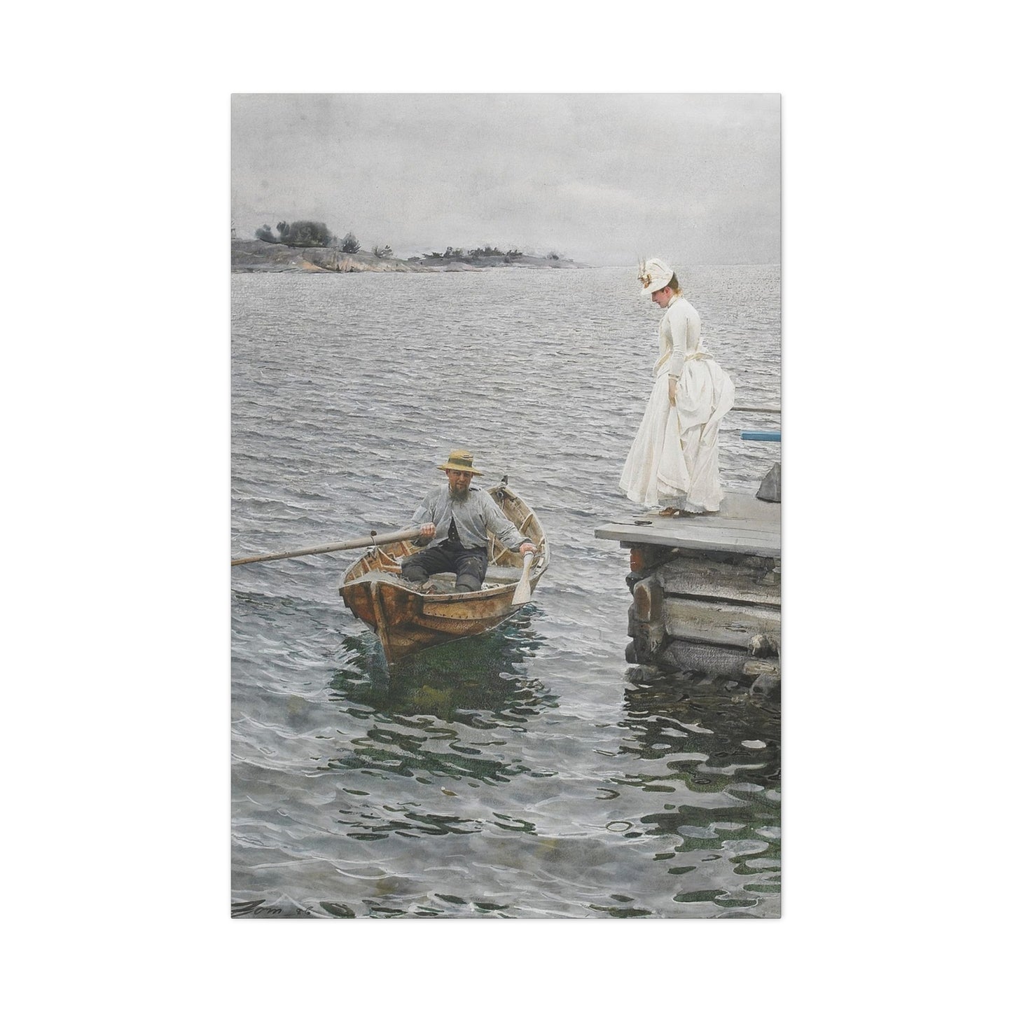 Seaside Stroll Canvas Print — Vintage Woman & Rowboat Matte Stretched Art 1.25"