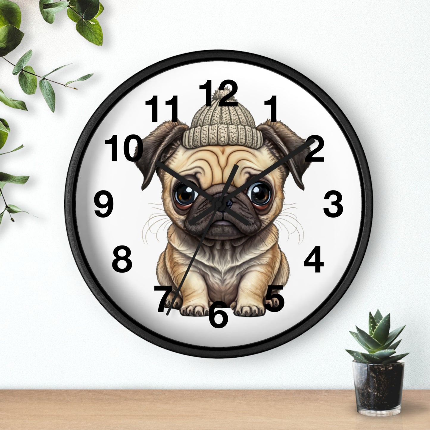 Cute Pug Wall Clock — Adorable Pug Puppy in Beanie Decorative Clock for Dog Lovers